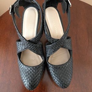 Loeffler Randall black woven leather wedge platform heels